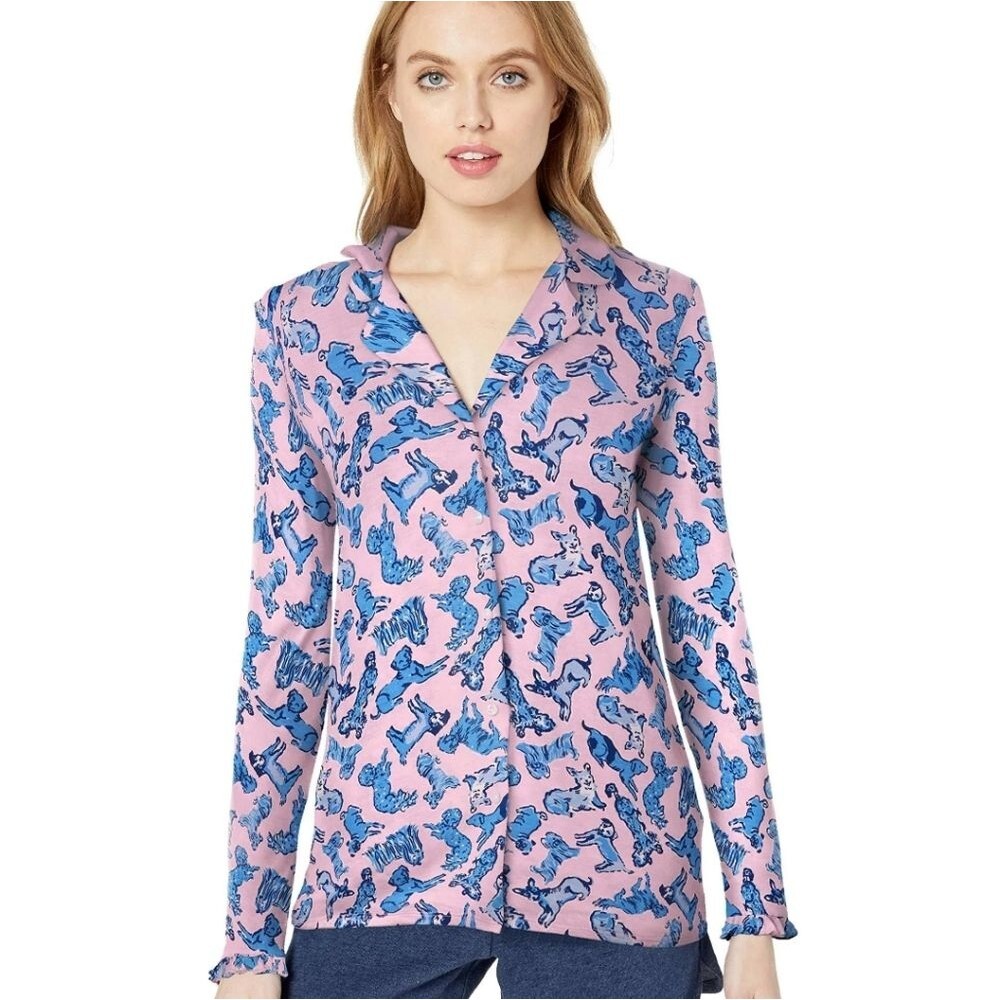 Lilly Pulitzer Ruffle Pajama Button-Up Top Zanzibar Blue Ruff Night XXS